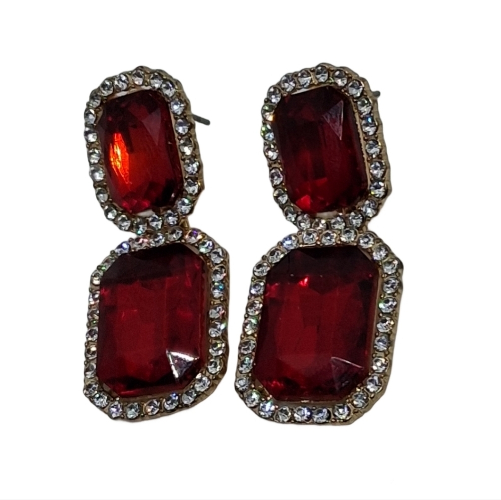Bold Vintage Ruby Red Emerald Cut Rhinestone Drop… - image 5
